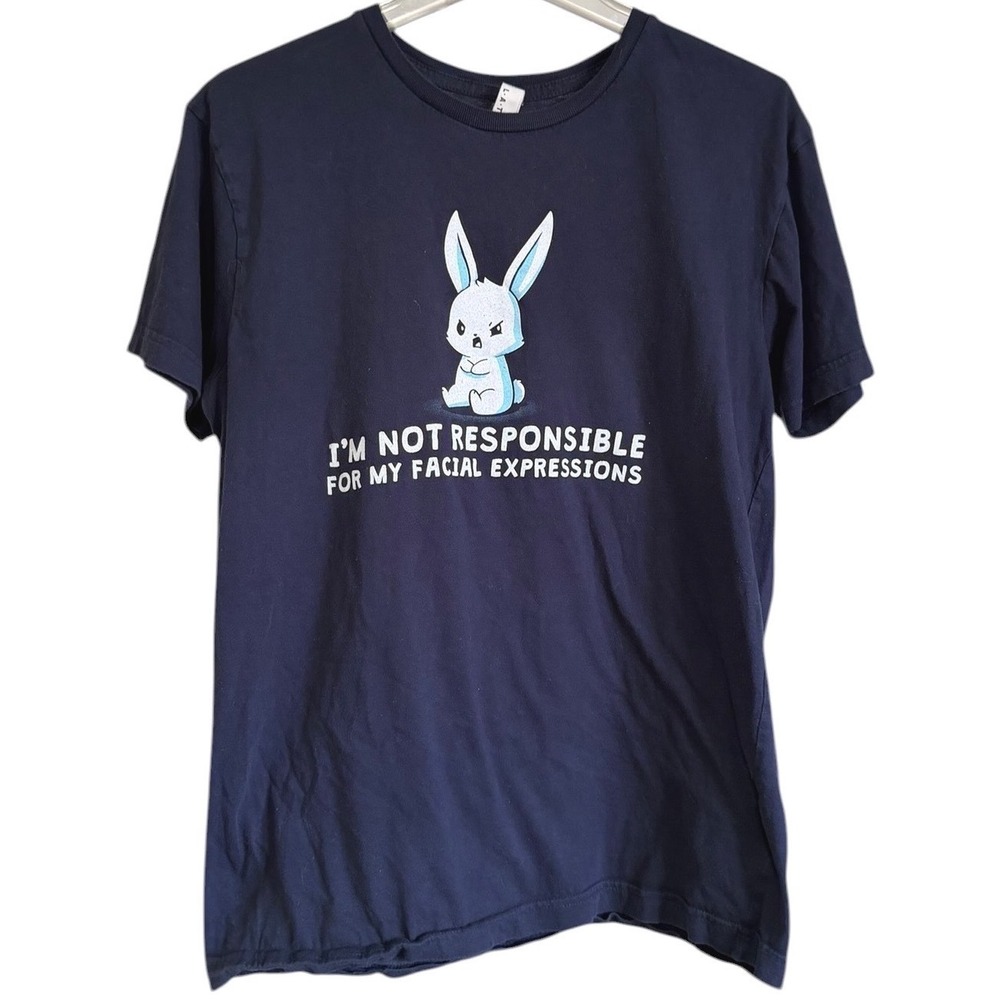 LAT Apparel Navy Blue Graphic Tee Grumpy Rabbit Facial Expressions Humor Shirt M